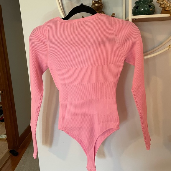 Bershka Women's Large L Long Sleeve Pink Ribbed Body Suit Thong - Picture 2 of 4